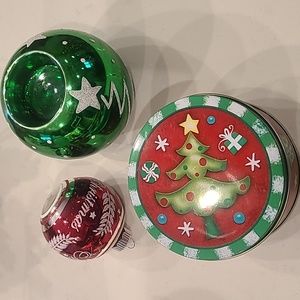 Christmas tin, candle holder, ornament bundle